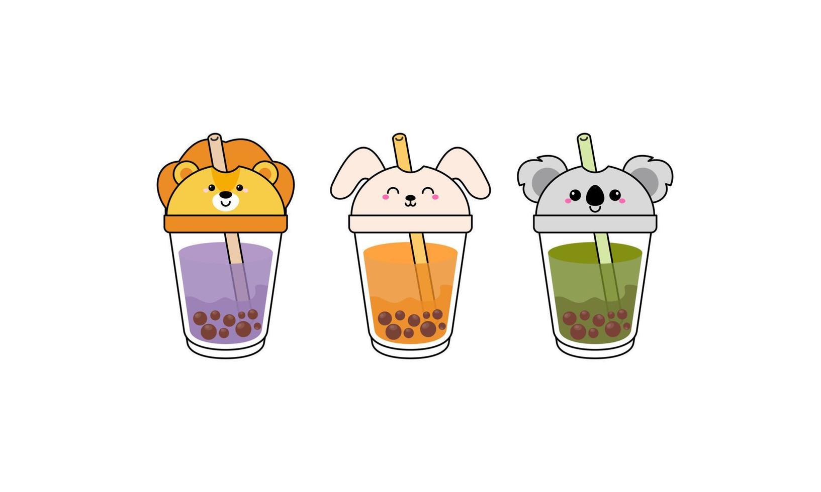 kawai süßer bubble tea mit tasse tiergesichtern vektor