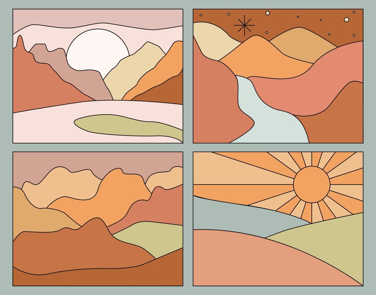 linjär boho landskap. minimal scen i de bergen dag och natt. häftig affisch. modern konst. abstrakt landskap. estetisk berg, sjö, stjärnor. stock vektor illustration