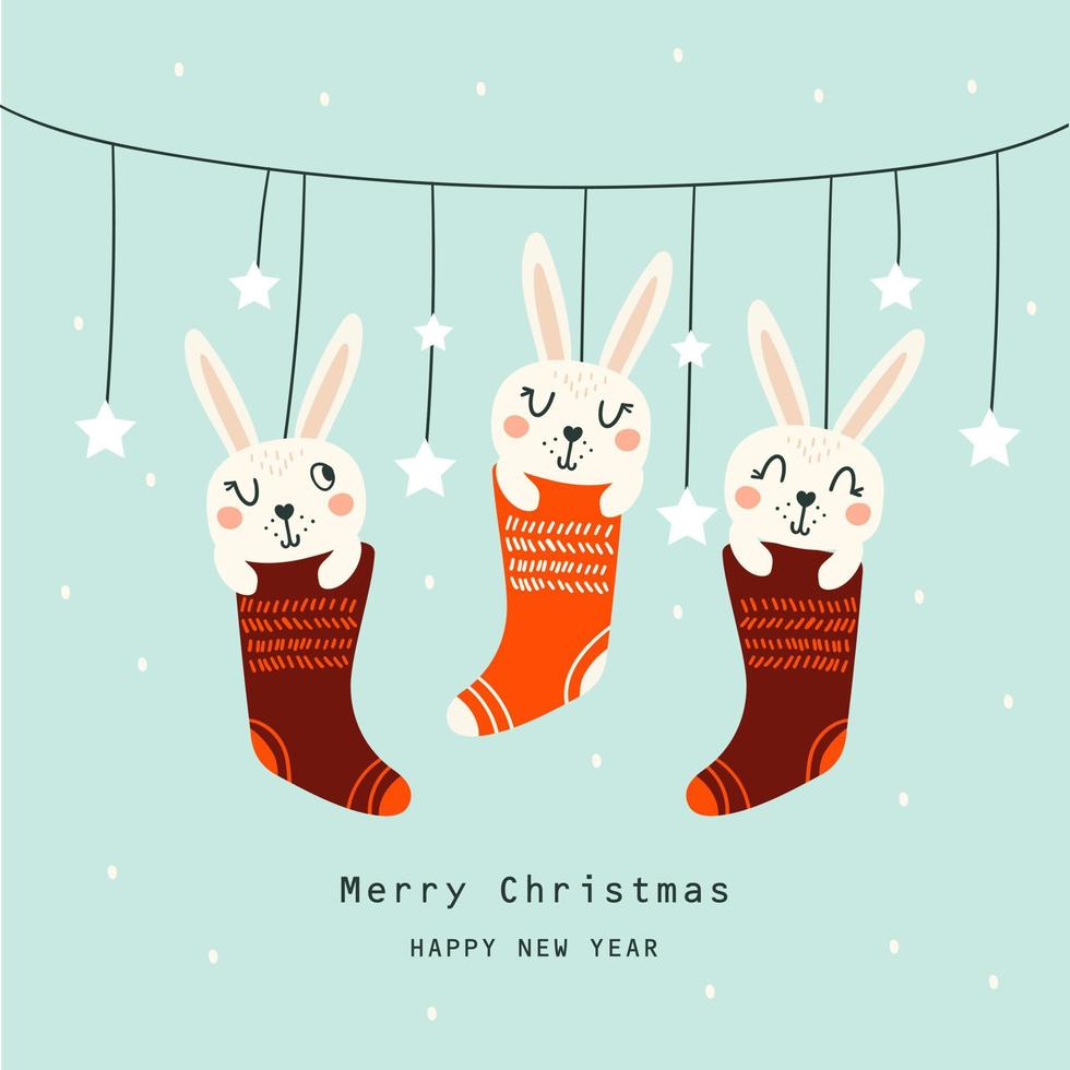 jul kort med söt kaniner. vektor