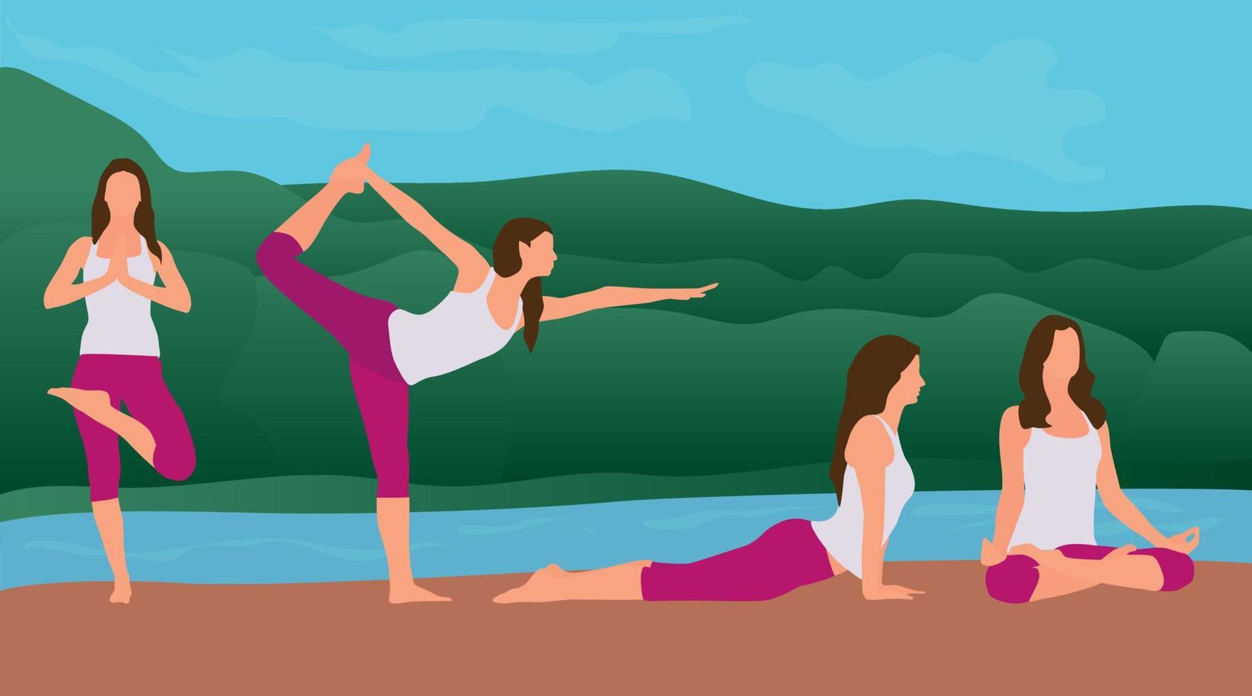 Schönes Mädchen, das Yoga-Posen durchführt und Meditation am Morgen neben Fluss und Berg ausübt, stellte einen flachen Illustrationsvektor ein vektor