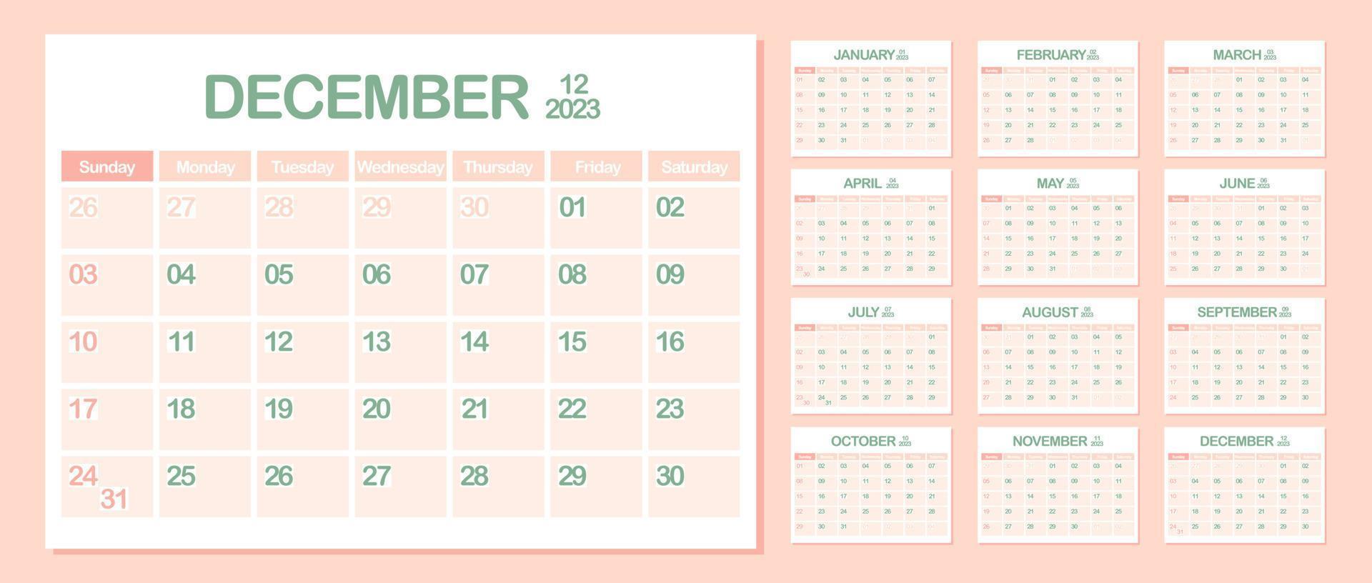 vägg kalender 2023. december. vecka börjar på söndag. en gång i månaden kalender mall. design företags- planerare. landskap orientering. kontor företag planera. pastell Färg. vektor illustration