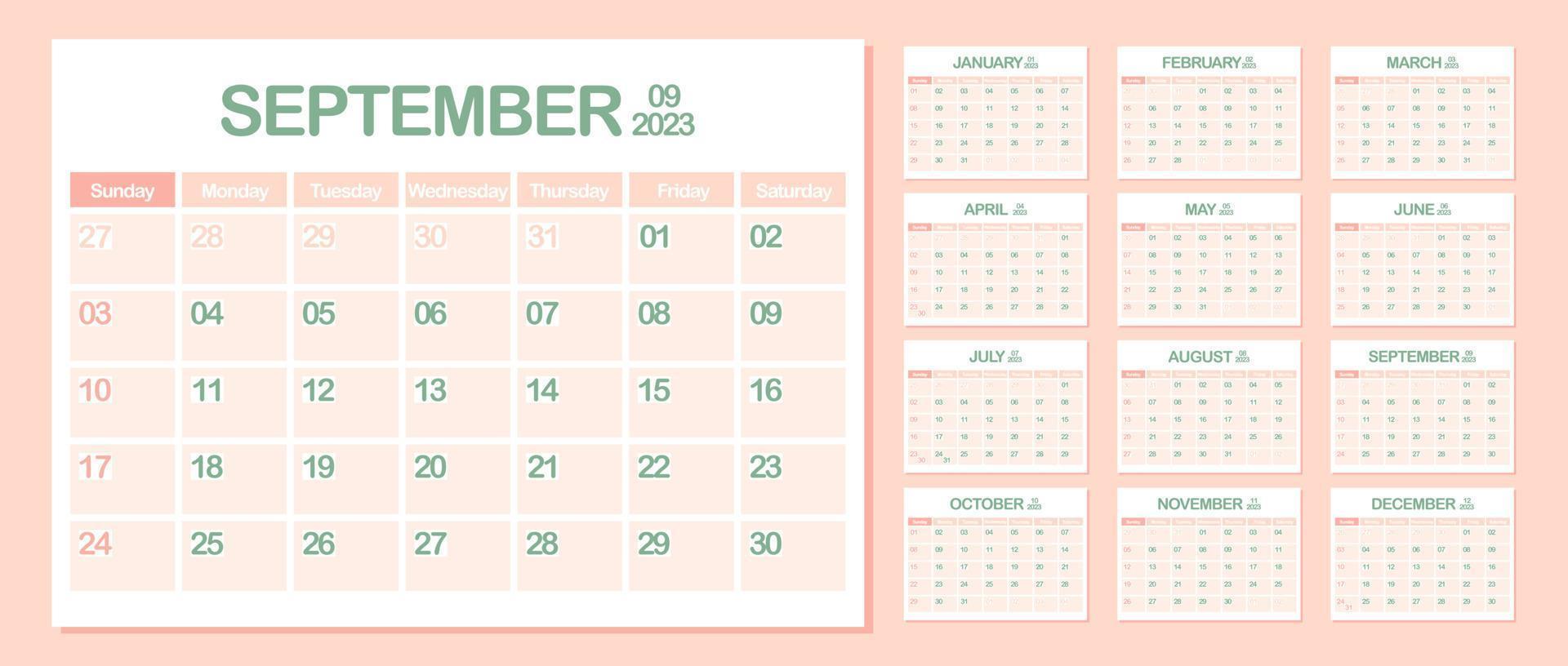 vägg kalender 2023. september. vecka börjar på söndag. en gång i månaden kalender mall. design företags- planerare. landskap orientering. kontor företag planera. pastell Färg. vektor illustration