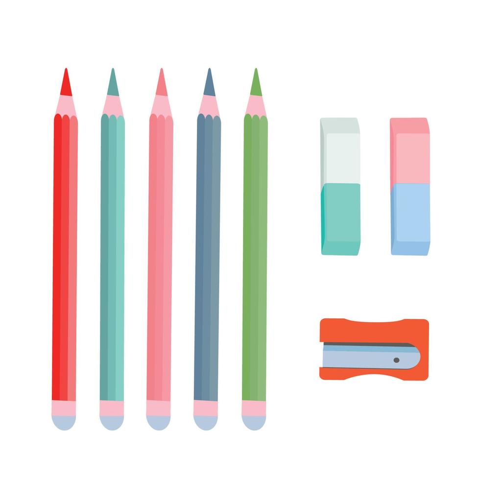 ein Satz mehrfarbiger Bleistifte, Radiergummis und Anspitzer. Vektor-Illustration isoliert auf weißem Hintergrund. vektor