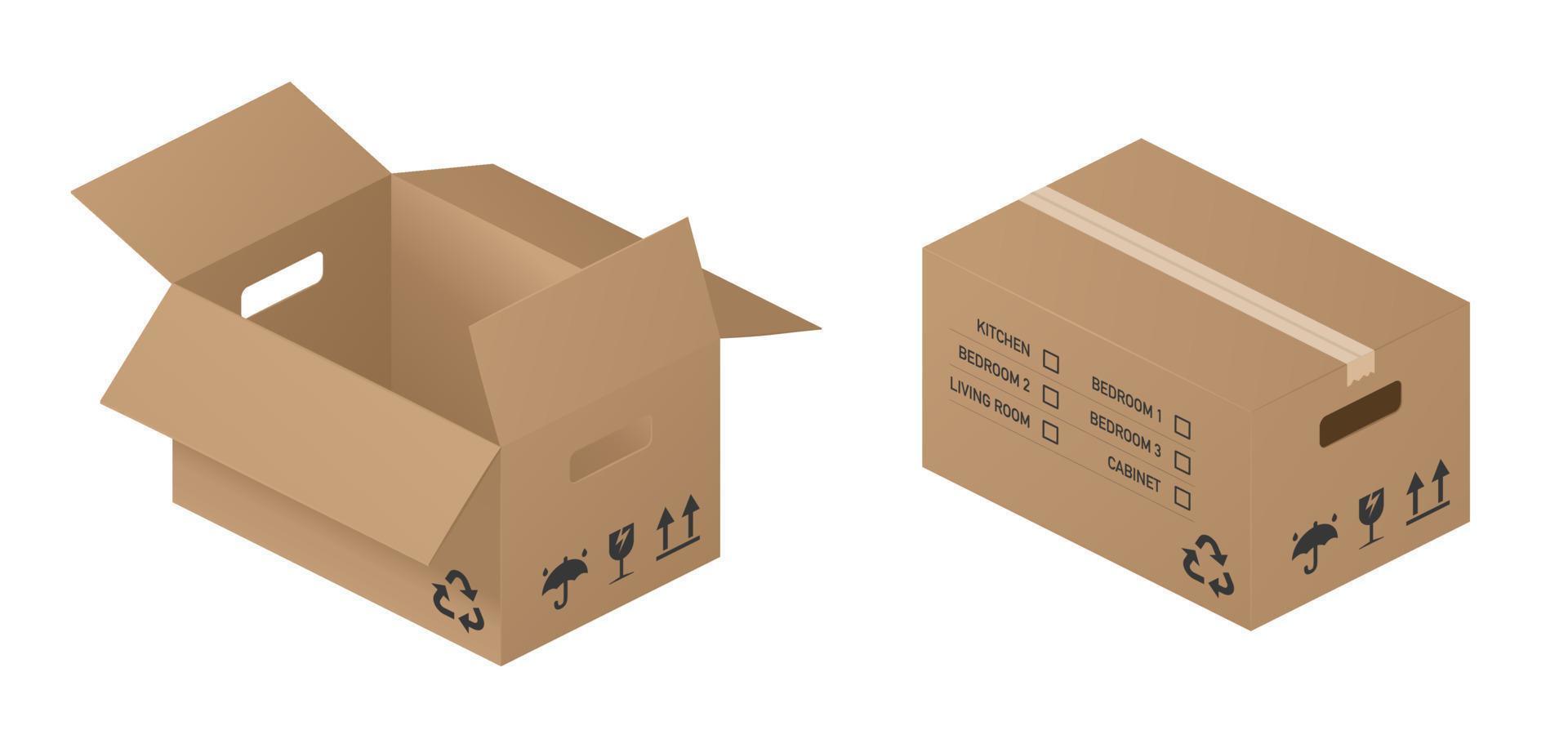 isometrisk kartong låda isolerat, realistisk. öppen och stängd brun kartong kartong låda med hål, inskriptioner kök, sovrum, skåp, levande rum. flytt, rör på sig, pensionering vektor