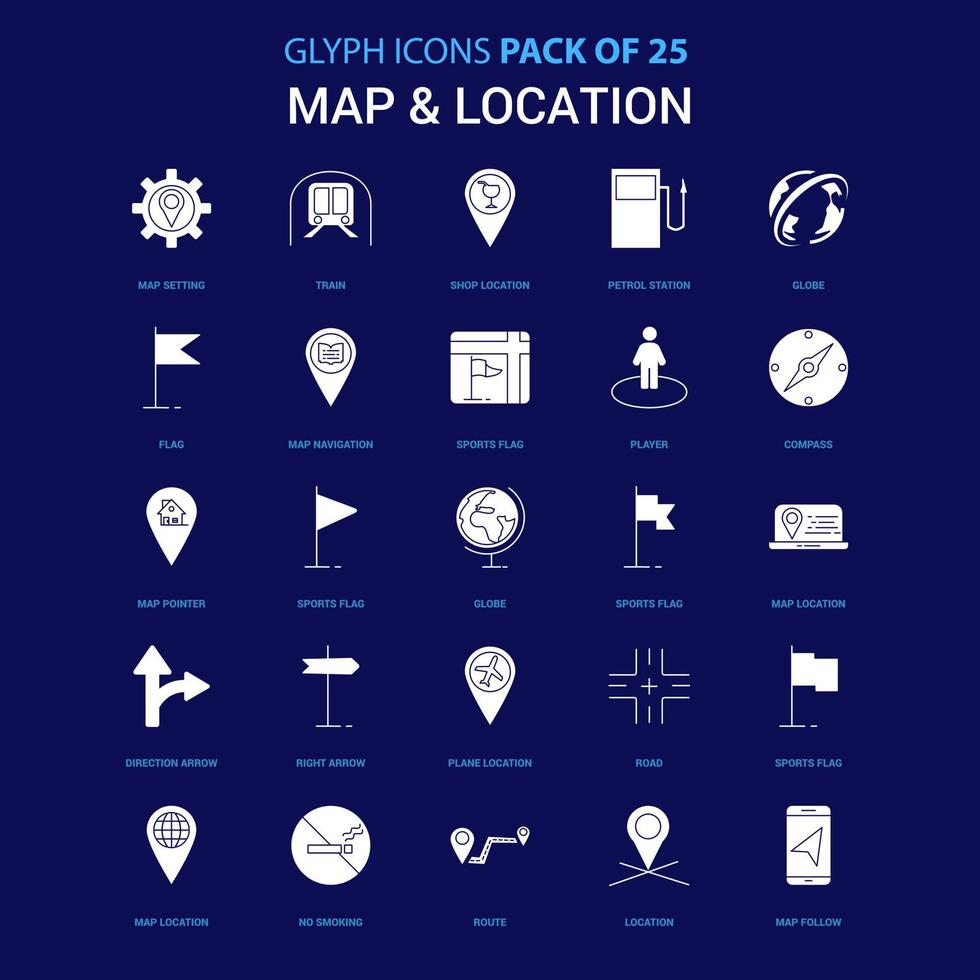 Karte und Standort weißes Symbol auf blauem Hintergrund 25 Icon Pack vektor