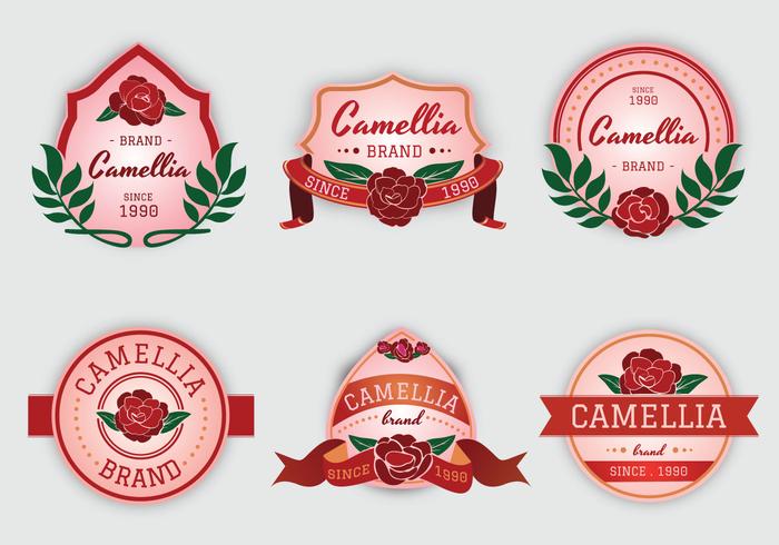 Camellia Blumen rosa Etikett Vektor