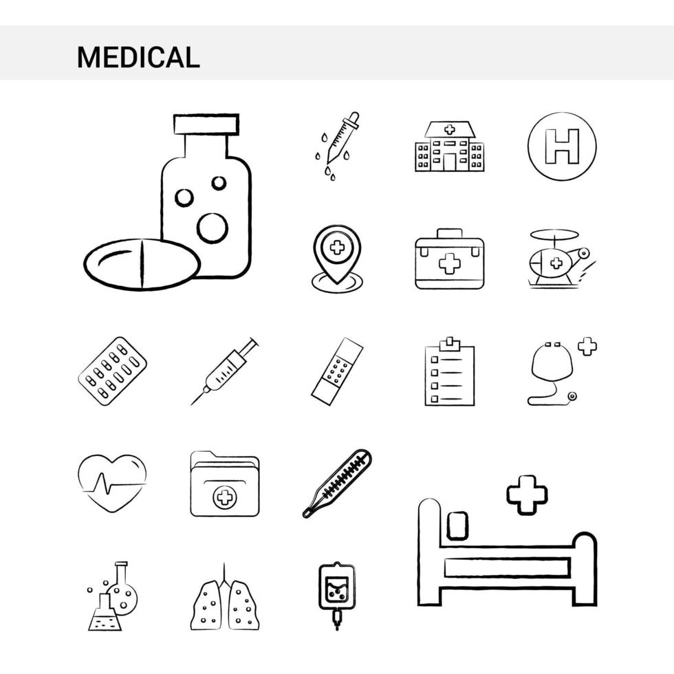 medicinsk hand dragen ikon uppsättning stil isolerat på vit bakgrund vektor