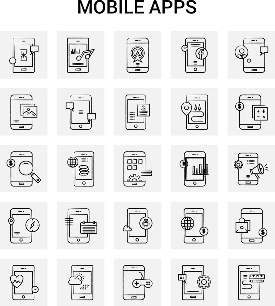 25 hand dragen mobil appar ikon uppsättning grå bakgrund vektor klotter