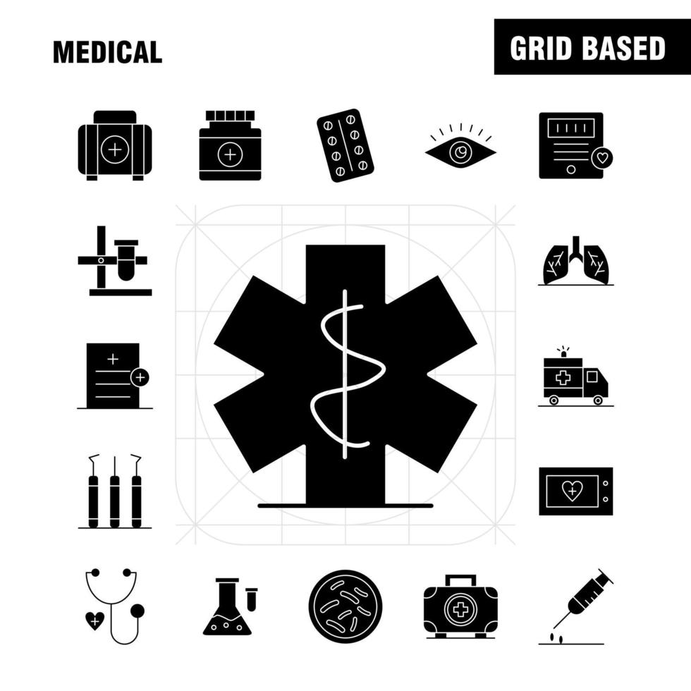 Medizinische solide Glyphen-Icons für Infografiken, mobiles Uxui-Kit und Druckdesign umfassen Krankenwagen, medizinisches Gesundheitswesen, Krankenhaus, Herz, medizinischer Scanner, Statistik, eps 10, Vektor