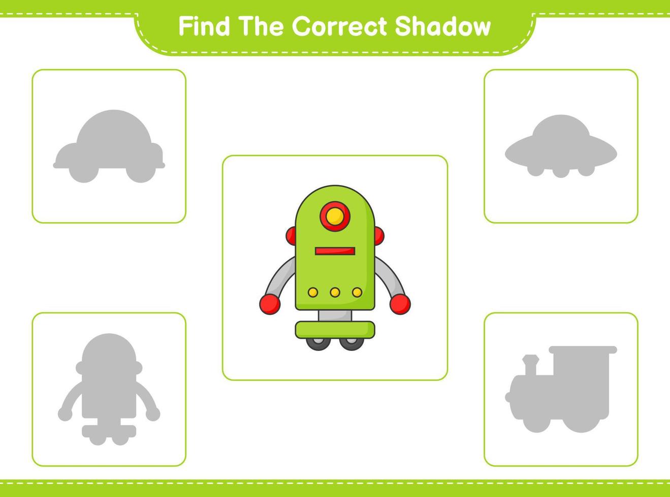 Finden Sie den richtigen Schatten. Finden Sie den richtigen Schatten des Robotercharakters und passen Sie ihn an. pädagogisches kinderspiel, druckbares arbeitsblatt, vektorillustration vektor