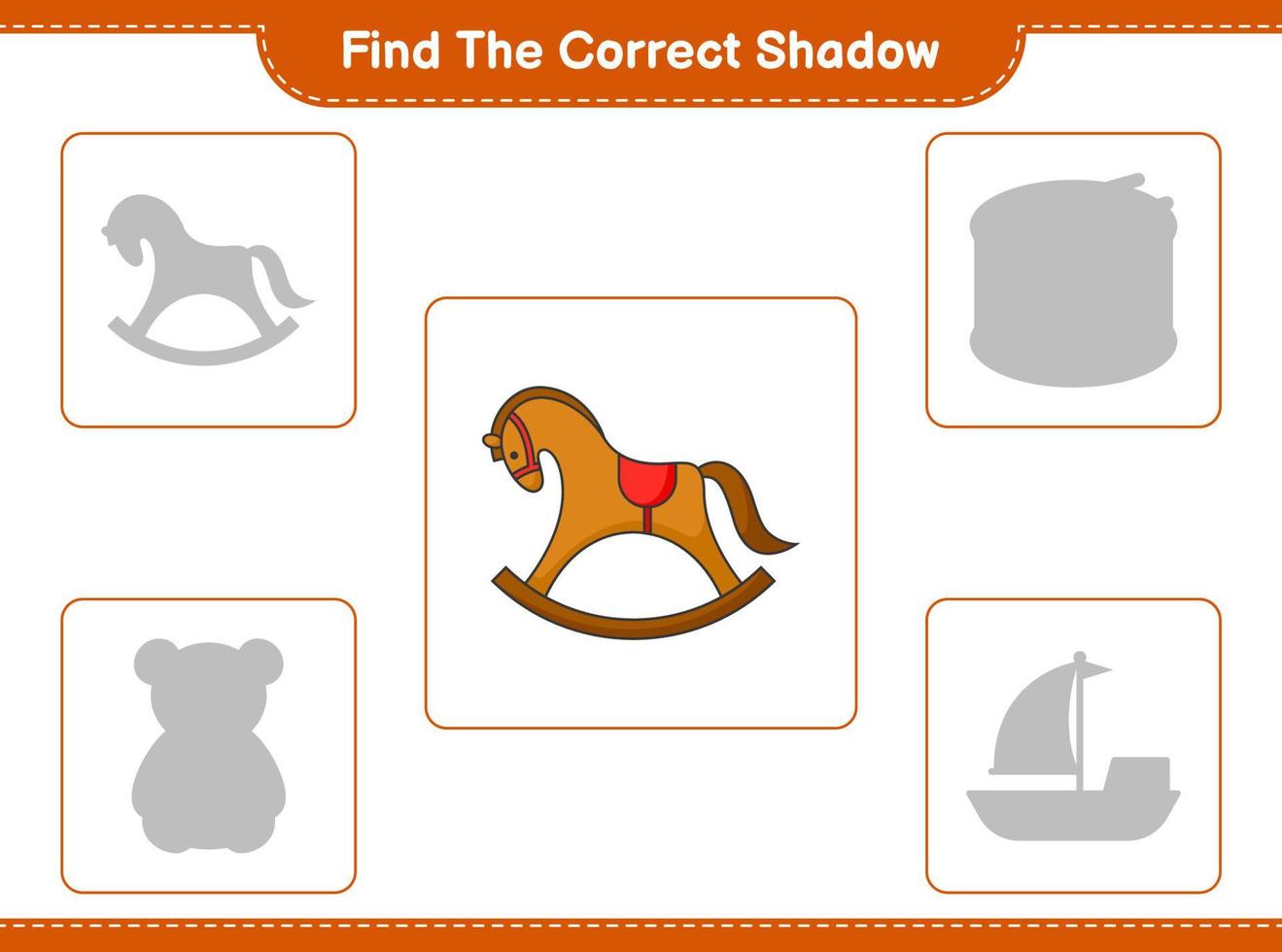 Finden Sie den richtigen Schatten. Finden Sie den richtigen Schatten des Schaukelpferds und passen Sie ihn an. pädagogisches kinderspiel, druckbares arbeitsblatt, vektorillustration vektor