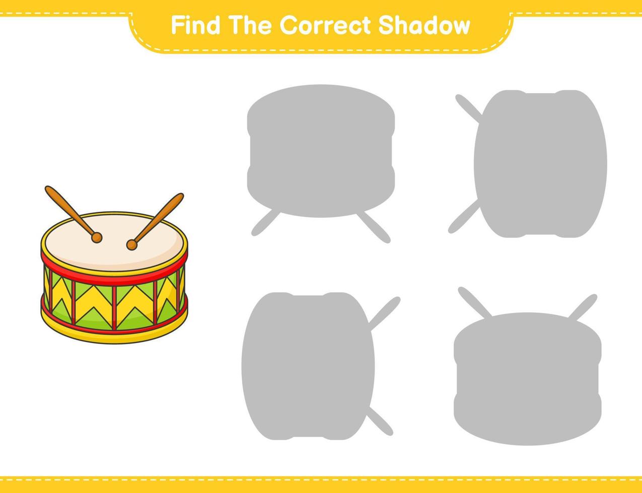 Finden Sie den richtigen Schatten. Finden Sie den richtigen Schatten der Trommel und passen Sie ihn an. pädagogisches kinderspiel, druckbares arbeitsblatt, vektorillustration vektor