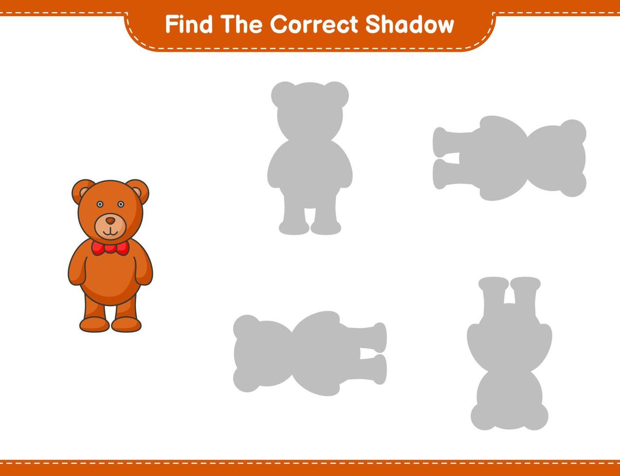 Finden Sie den richtigen Schatten. Finden Sie den richtigen Schatten des Teddybären und passen Sie ihn an. pädagogisches kinderspiel, druckbares arbeitsblatt, vektorillustration vektor