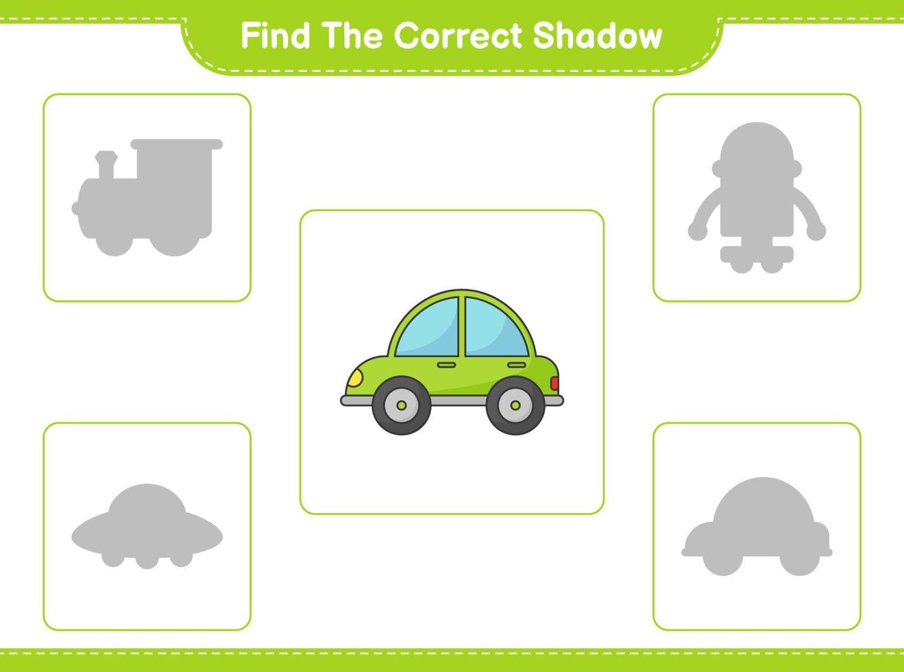 Finden Sie den richtigen Schatten. Finden und passen Sie den richtigen Schatten des Autos an. pädagogisches kinderspiel, druckbares arbeitsblatt, vektorillustration vektor