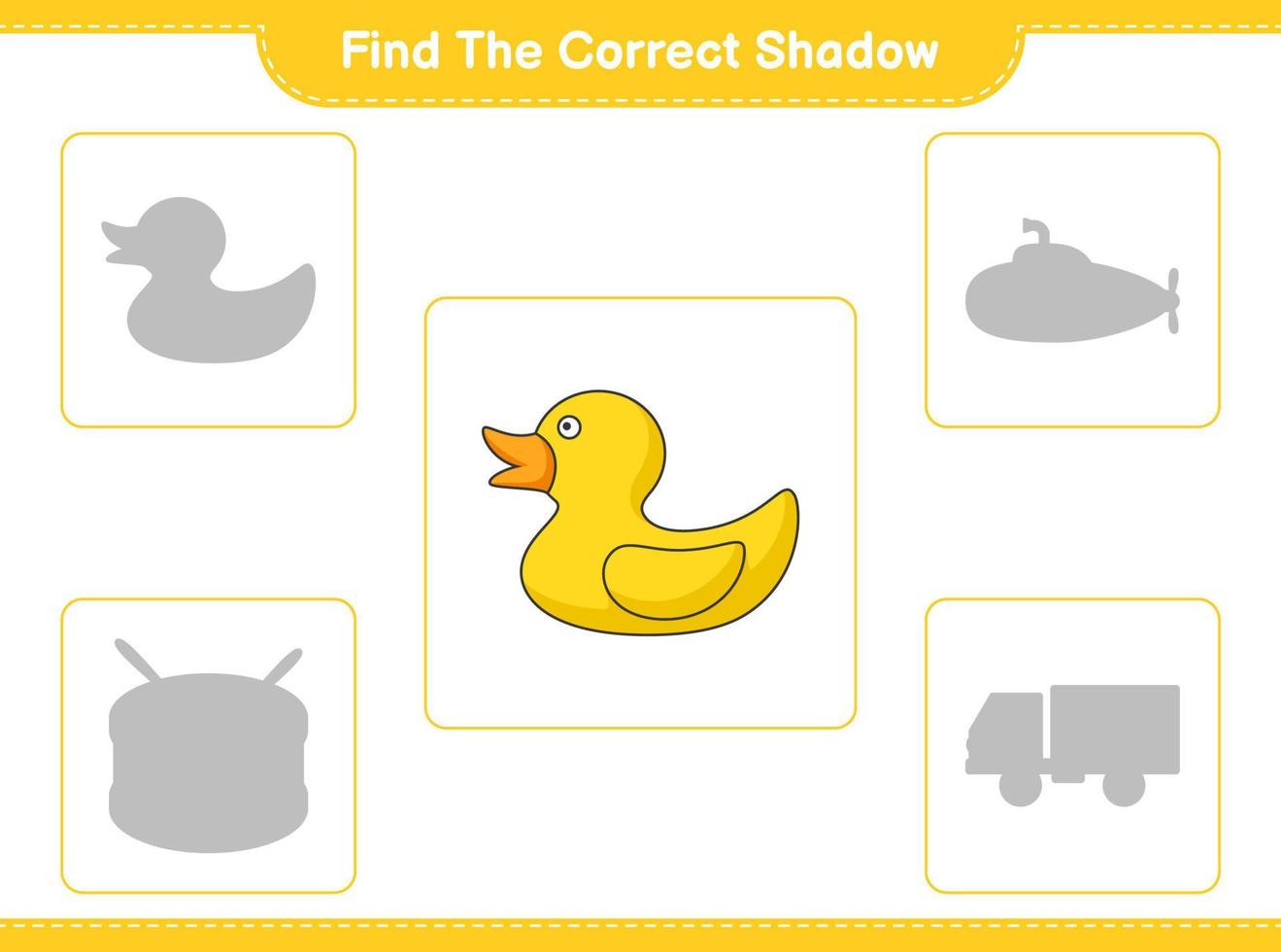 Finden Sie den richtigen Schatten. Finden Sie den richtigen Schatten der Gummiente und passen Sie ihn an. pädagogisches kinderspiel, druckbares arbeitsblatt, vektorillustration vektor