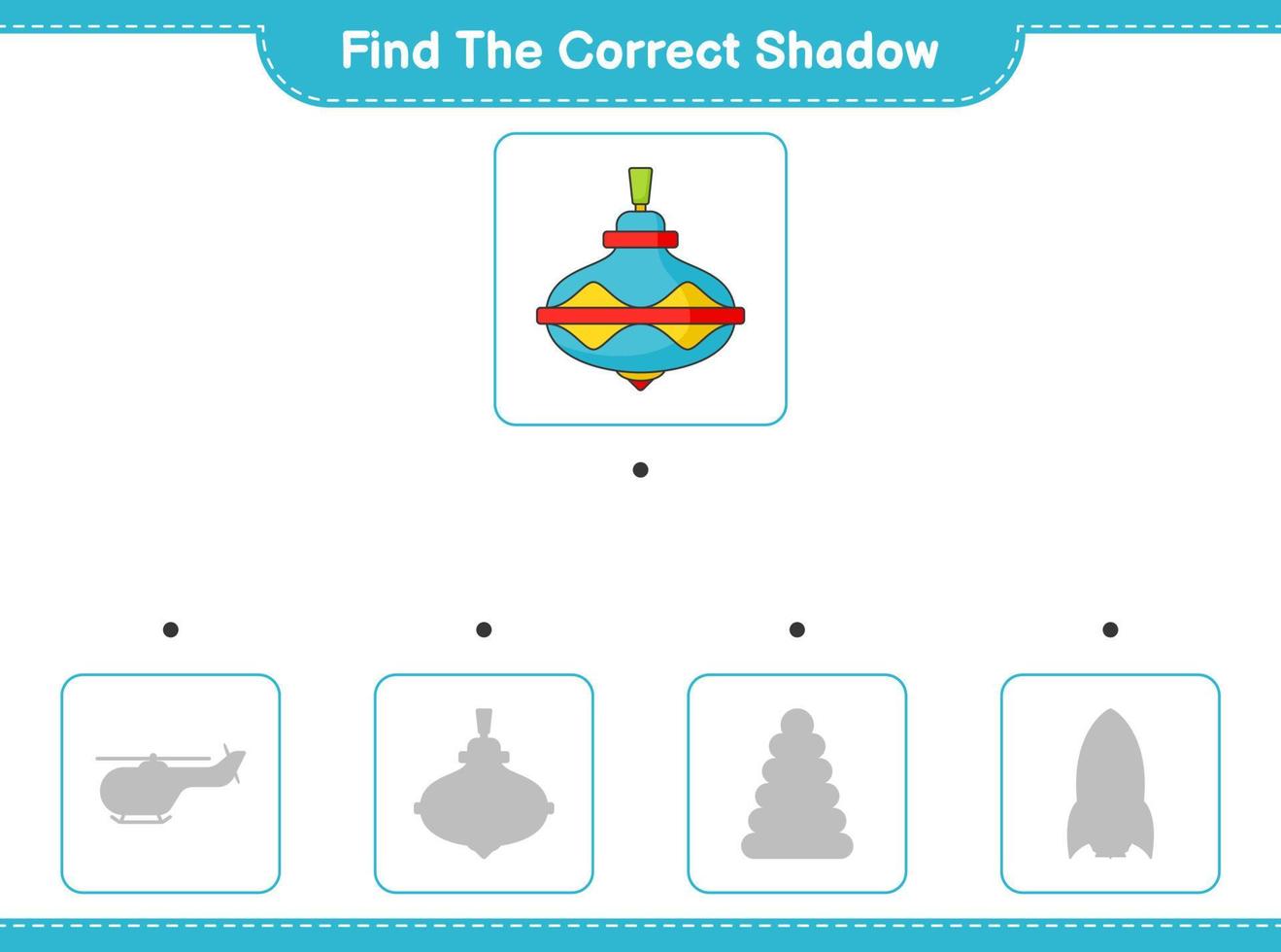 Finden Sie den richtigen Schatten. Finden Sie den richtigen Schatten des Wirbelspielzeugs und passen Sie ihn an. pädagogisches kinderspiel, druckbares arbeitsblatt, vektorillustration vektor