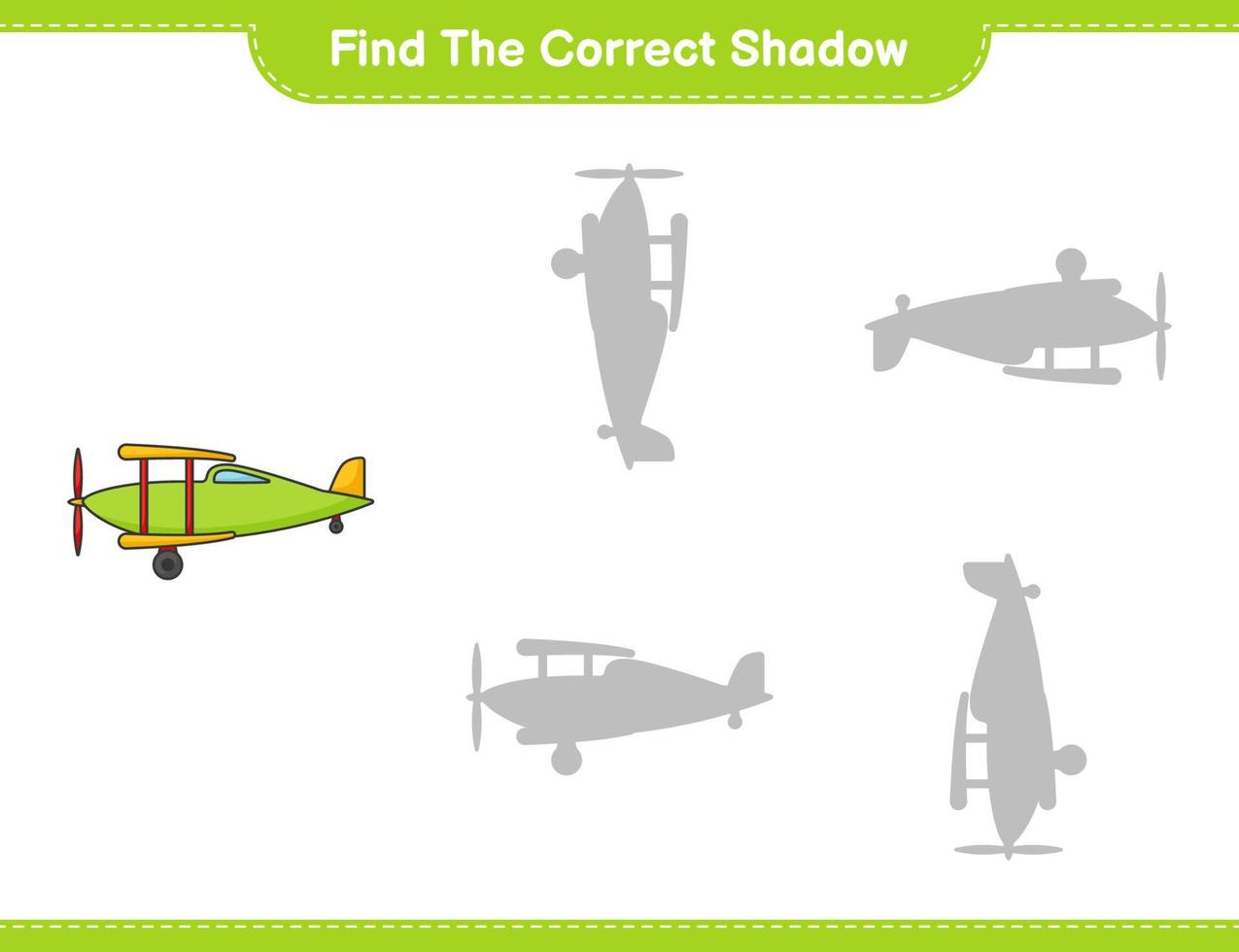 Finden Sie den richtigen Schatten. Finden Sie den richtigen Schatten des Flugzeugs und passen Sie ihn an. pädagogisches kinderspiel, druckbares arbeitsblatt, vektorillustration vektor
