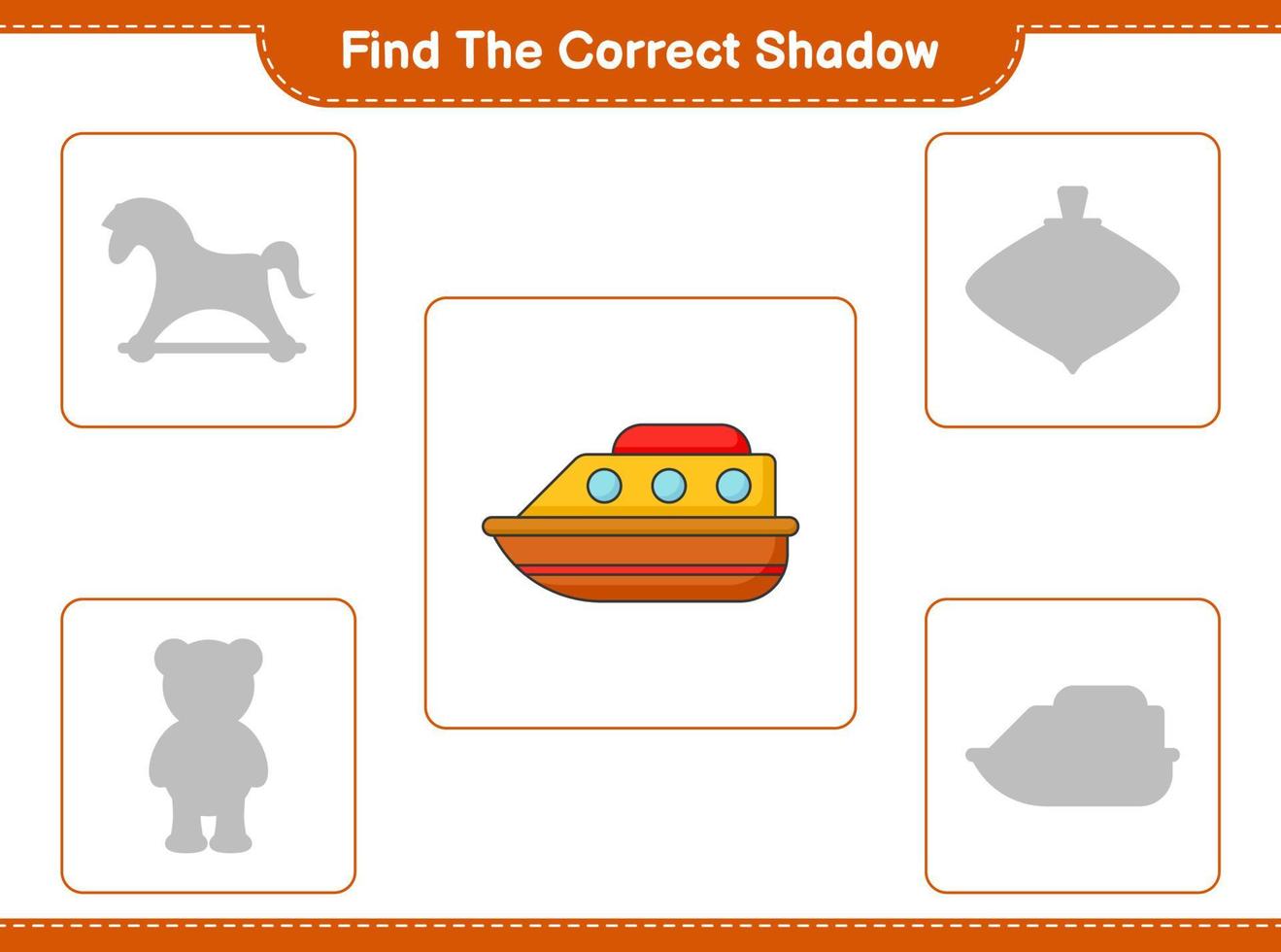 Finden Sie den richtigen Schatten. Finden Sie den richtigen Schatten des Bootes und passen Sie ihn an. pädagogisches kinderspiel, druckbares arbeitsblatt, vektorillustration vektor