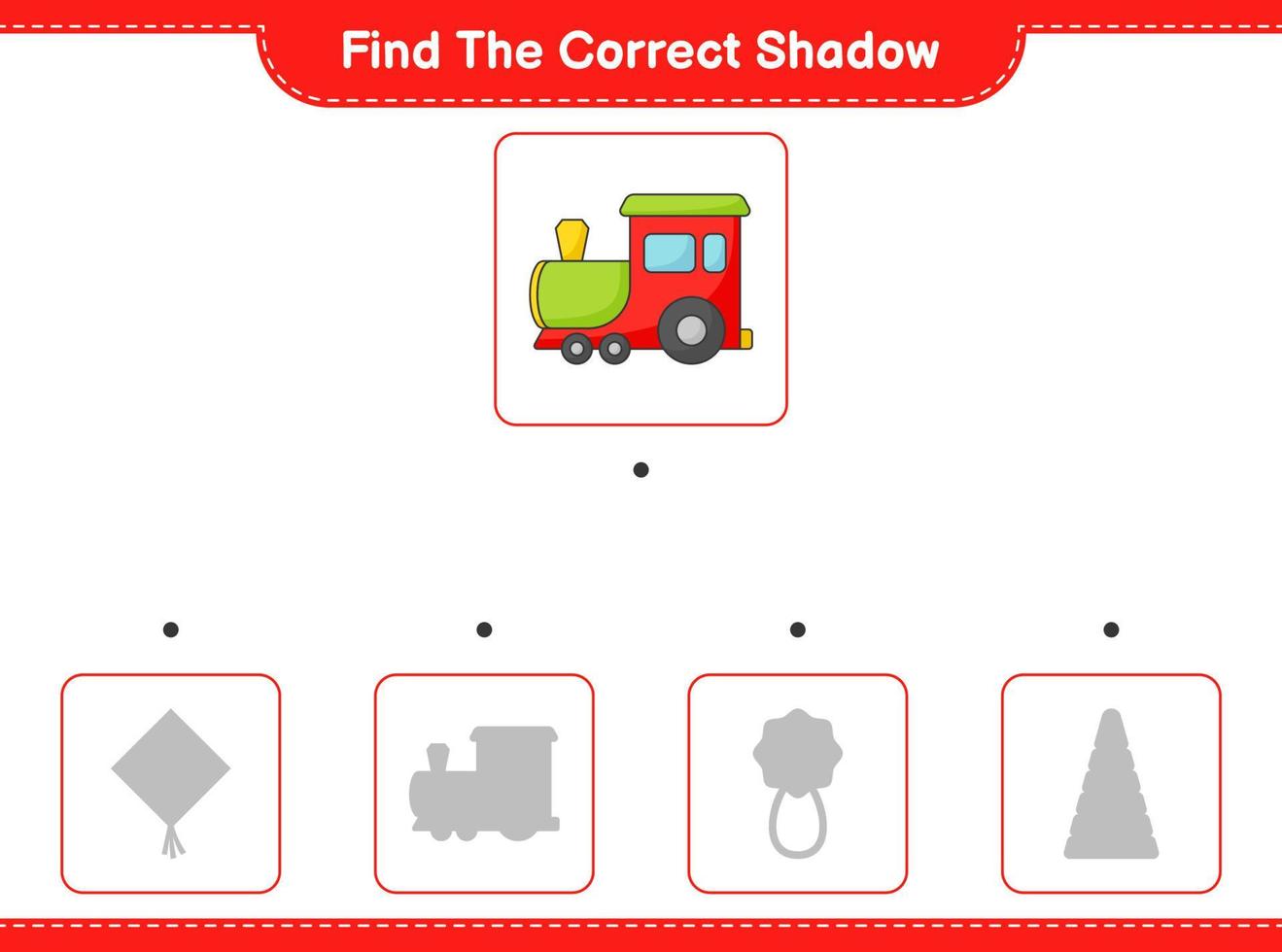 Finden Sie den richtigen Schatten. Finde und passe den richtigen Schatten des Zuges an. pädagogisches kinderspiel, druckbares arbeitsblatt, vektorillustration vektor