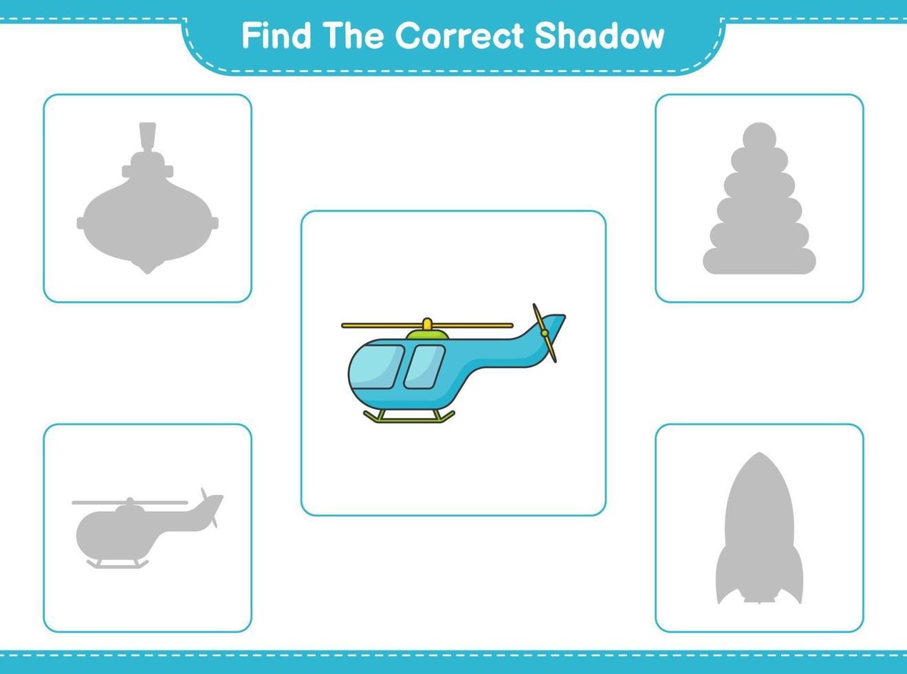 Finden Sie den richtigen Schatten. Finden Sie den richtigen Schatten des Hubschraubers und passen Sie ihn an. pädagogisches kinderspiel, druckbares arbeitsblatt, vektorillustration vektor