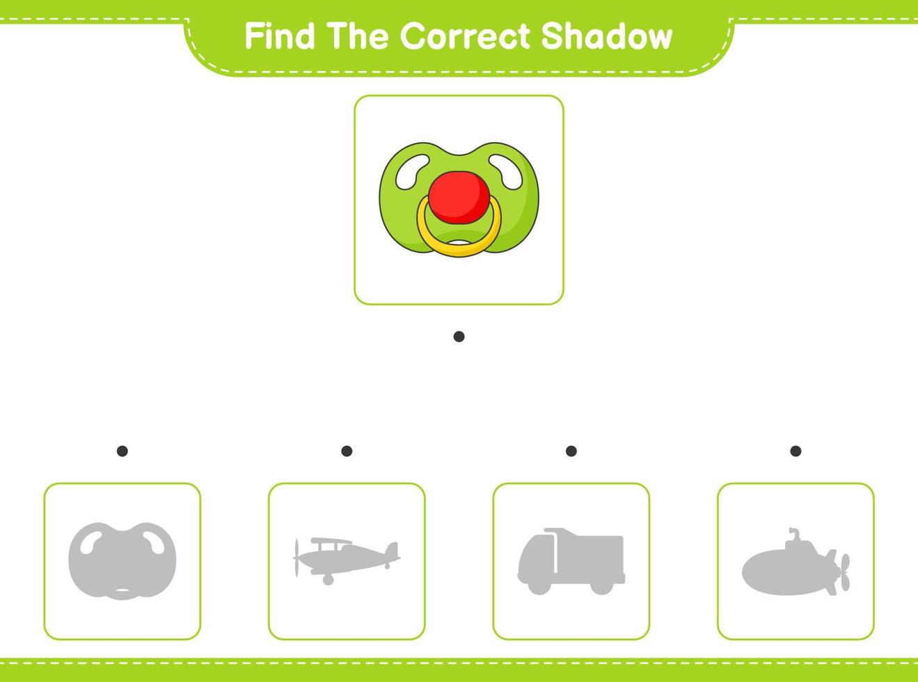Finden Sie den richtigen Schatten. Finde und passe den richtigen Schatten des Schnullers an. pädagogisches kinderspiel, druckbares arbeitsblatt, vektorillustration vektor