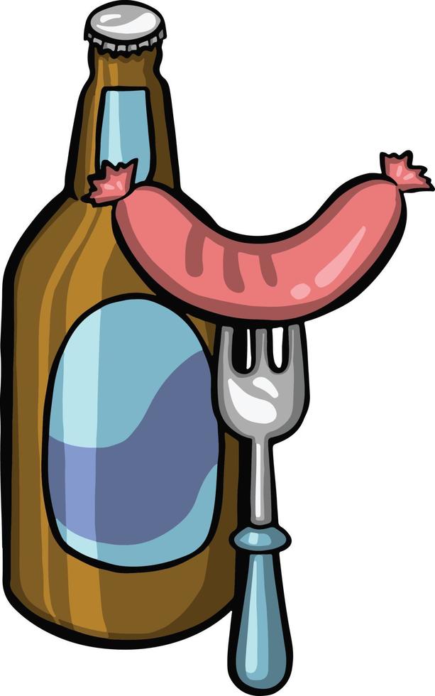 flaska mörk öl med mellanmål korv vektor illustration
