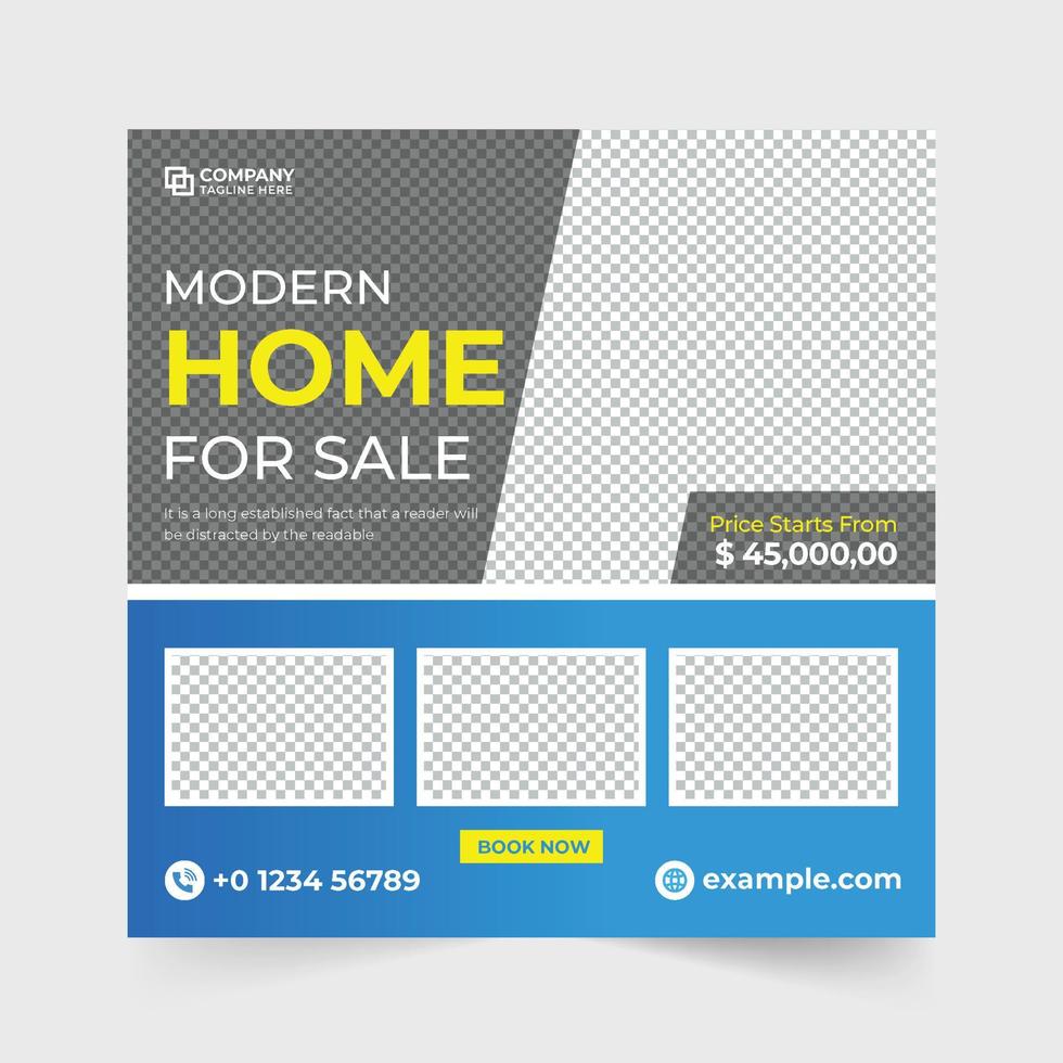moderner hausverkaufsgeschäftsschablonenvektor mit abstrakten formen. minimalistisches Web-Banner zur Förderung von Immobiliengeschäften mit blauen und gelben Farben. Hausverkauf von Social-Media-Post-Vektor. vektor