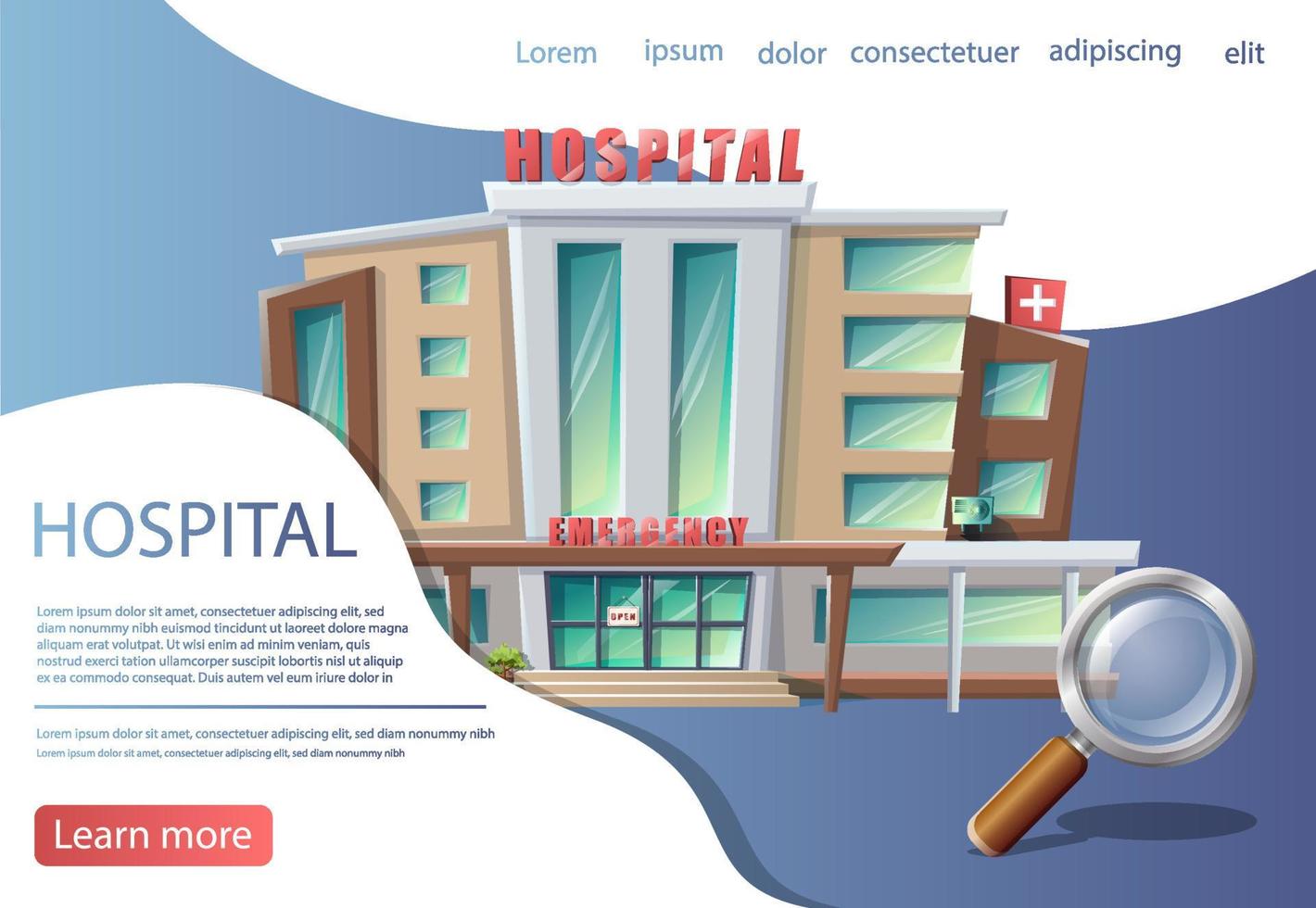 Vektor-Cartoon-Stil-Hintergrund mit Krankenhausgebäude. medizinische beratung, banner des diagnosezentrums. vektor