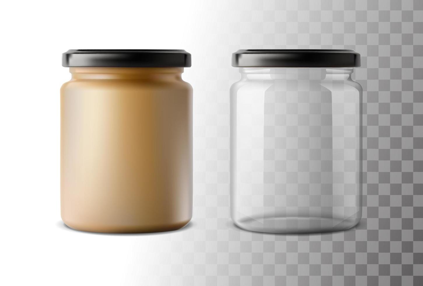 3d realistisk vektor ikon. glas burk. transparent kan med plast lock. tömma och full flaska.