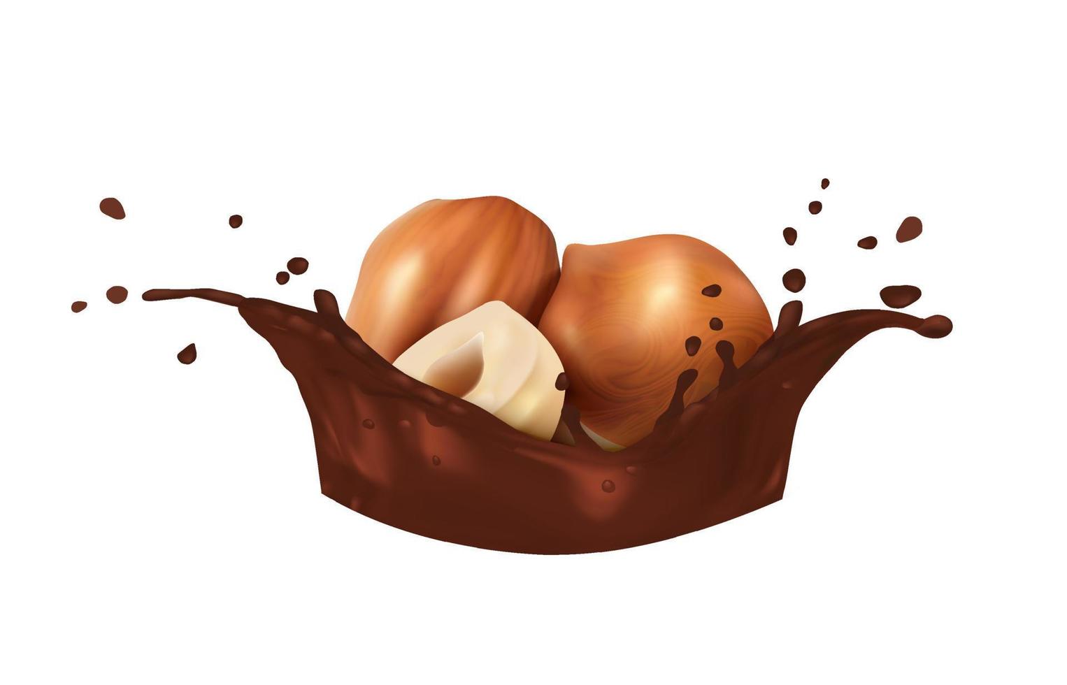 3D realistisches Vektorsymbol. Schokoladenaufstrichspritzer mit Haselnüssen im Inneren. flüssige Schokolade gießen. isoliert auf weißem Hintergrund. vektor