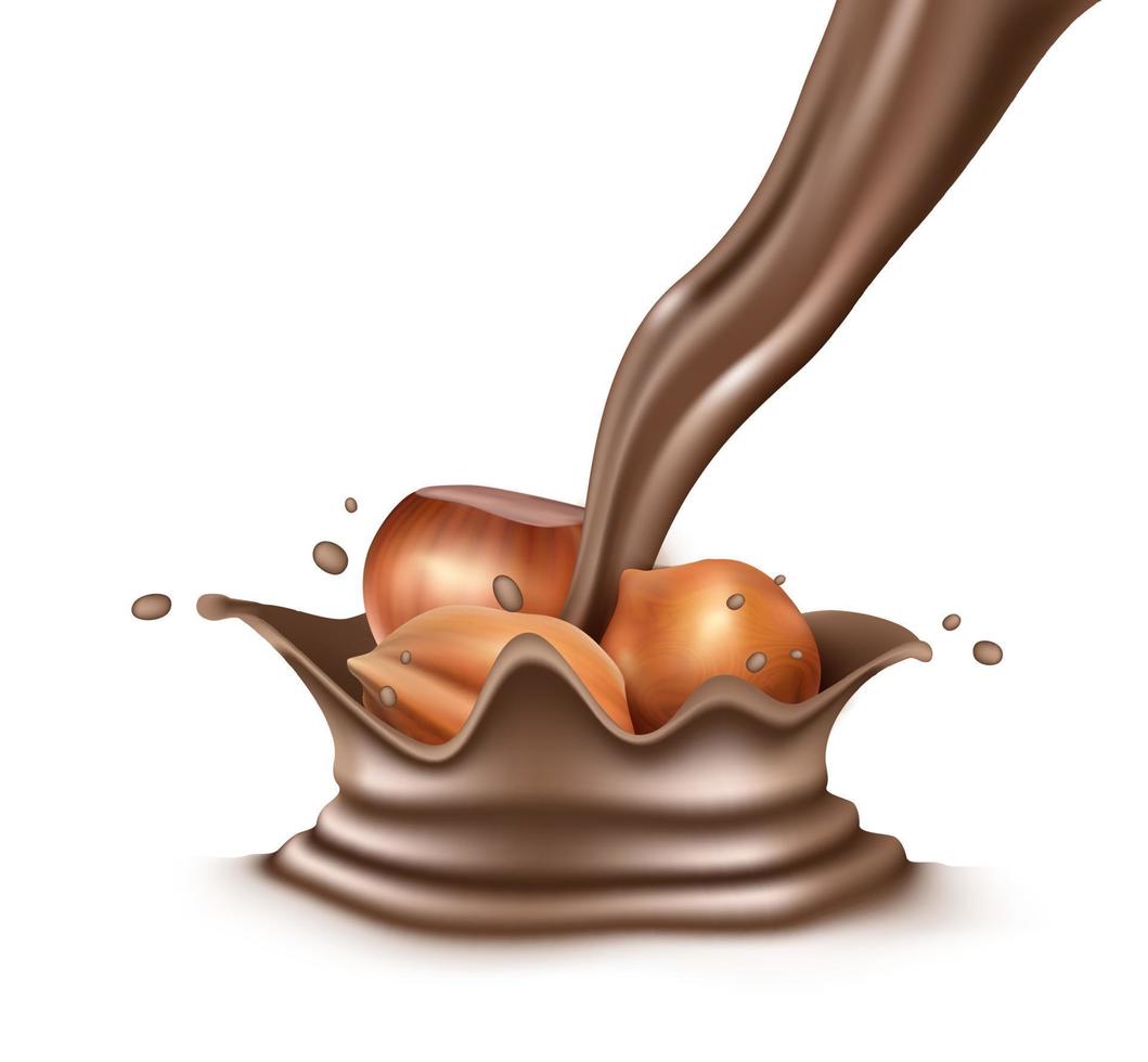 3D realistisches Vektorsymbol. Schokoladenaufstrichspritzer mit Haselnüssen im Inneren. flüssige Schokolade gießen. isoliert auf weißem Hintergrund. vektor
