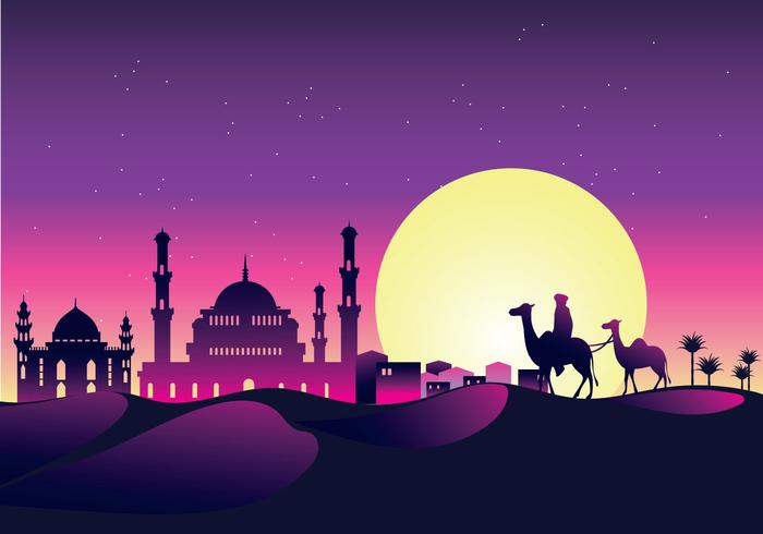 Vector Illustration Caravan med kameler på natten med moskén och arabiska Sky på natten