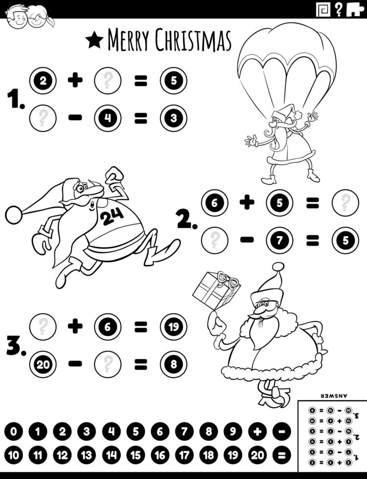 Mathe-Aufgabe mit Santa Color Book Seite vektor