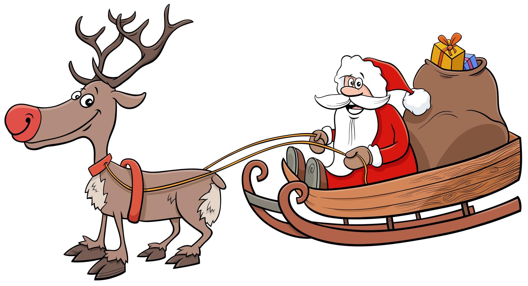 Weihnachtsmann auf Schlitten und Weihnachtsgeschenken vektor