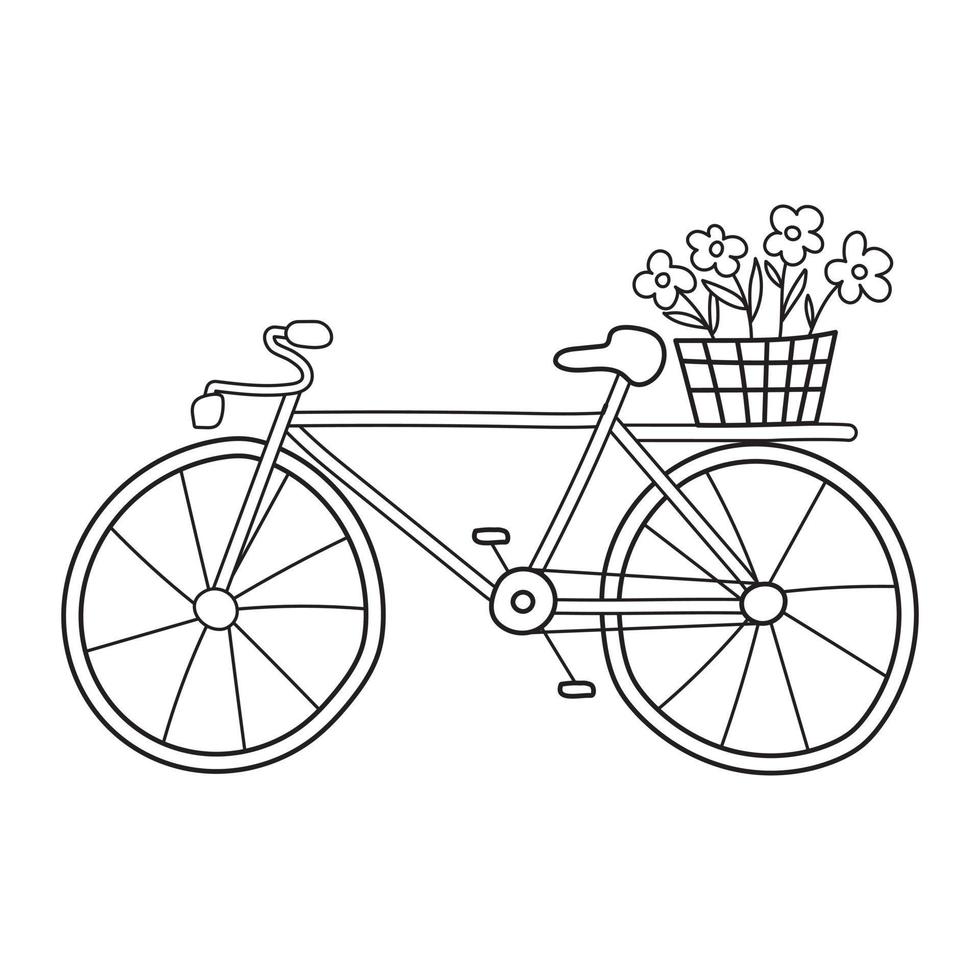 Ein zweirädriges Fahrrad mit einem Blumenkorb im Sketch-Doodle-Stil. vektor