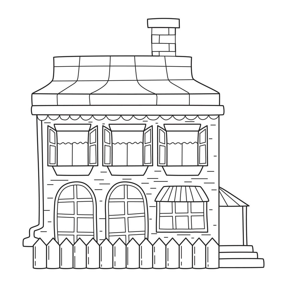 tvåvånings byggnad med en veranda, staket och skorsten i klotter stil vektor