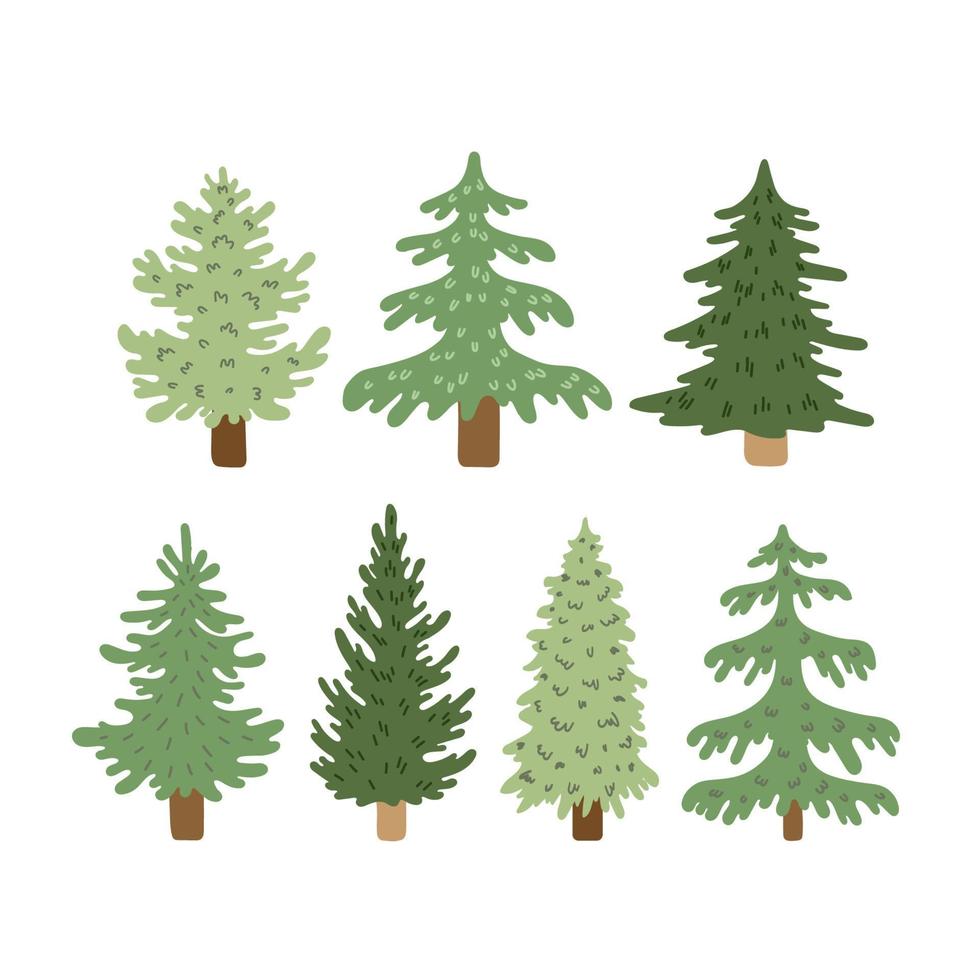 vektor uppsättning av jul träd, vintergröna. hand teckning vinter- bakgrund med gran träd, barrträd, cypress, tall. Semester affisch med jul symboler. isolerat på vit.