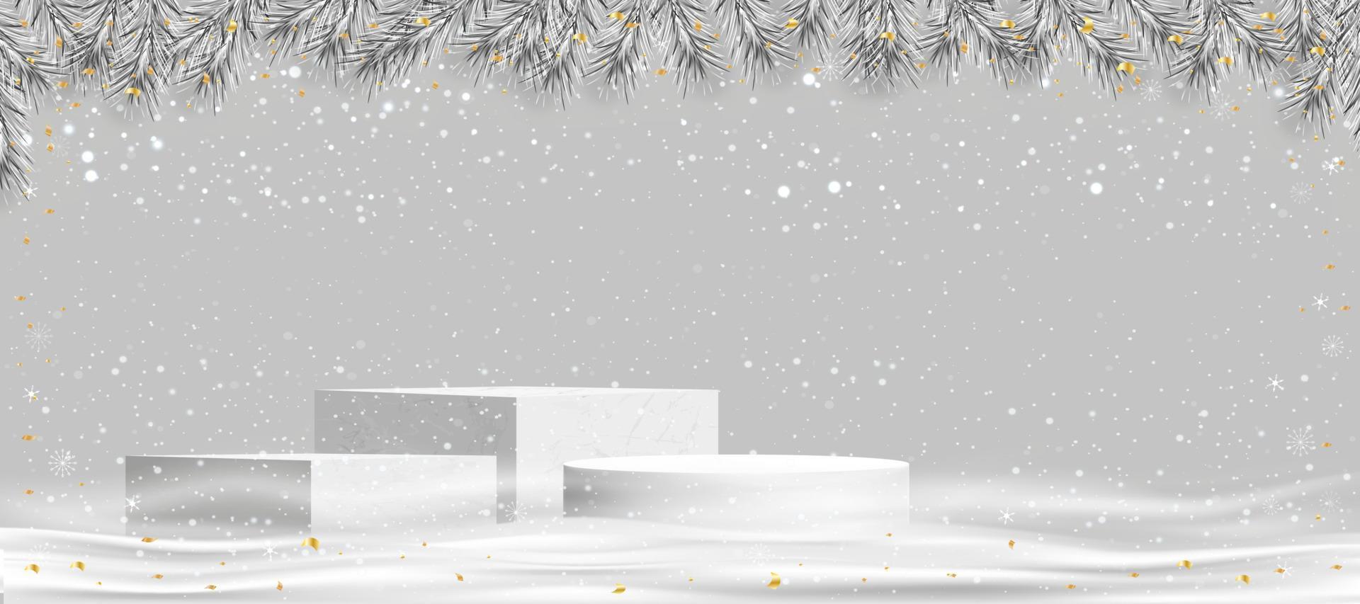 vinter- Semester bakgrund med jul träd grenar bård, ornament och 3d podium på snö mald.gran nålar krans med snöig, jul hälsning kort, nytt år 2023 banderoller, rubriker, fest affisch vektor