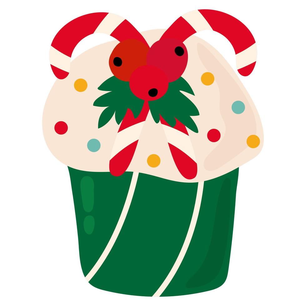 Weihnachtscupcake mit Beeren und Bonbons. weißer hintergrund, isolieren. gezeichneter Stil. Vektor-Illustration. vektor