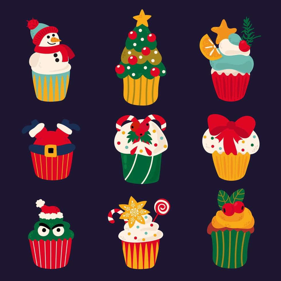 uppsättning av jul cupcakes. santa claus, jul träd, snögubbe, grinch, klubba, bär, pepparkaka, rosett, glasyr, dekoration. dragen stil. vektor