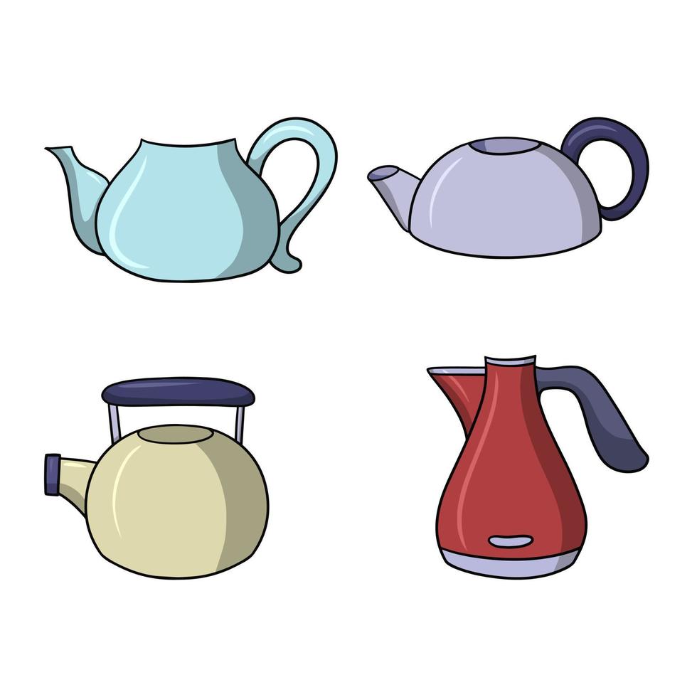 eine Reihe farbiger Symbole. Wasserkocher zum Kochen von Wasser und Aufbrühen von Tee, Vektorillustration im Cartoon-Stil auf weißem Hintergrund vektor