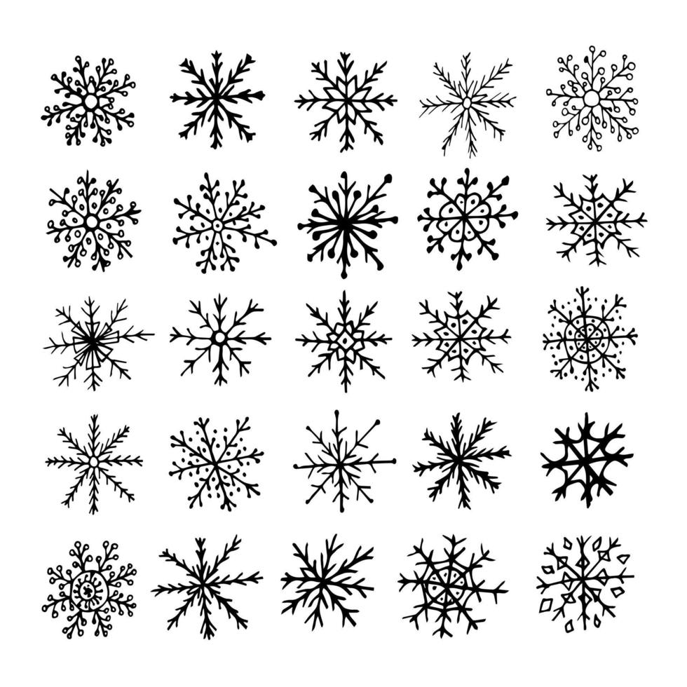 stor vektor snöflingor uppsättning. jul klämma konst isolerat på vit bakgrund. hand dragen is snöflingor.