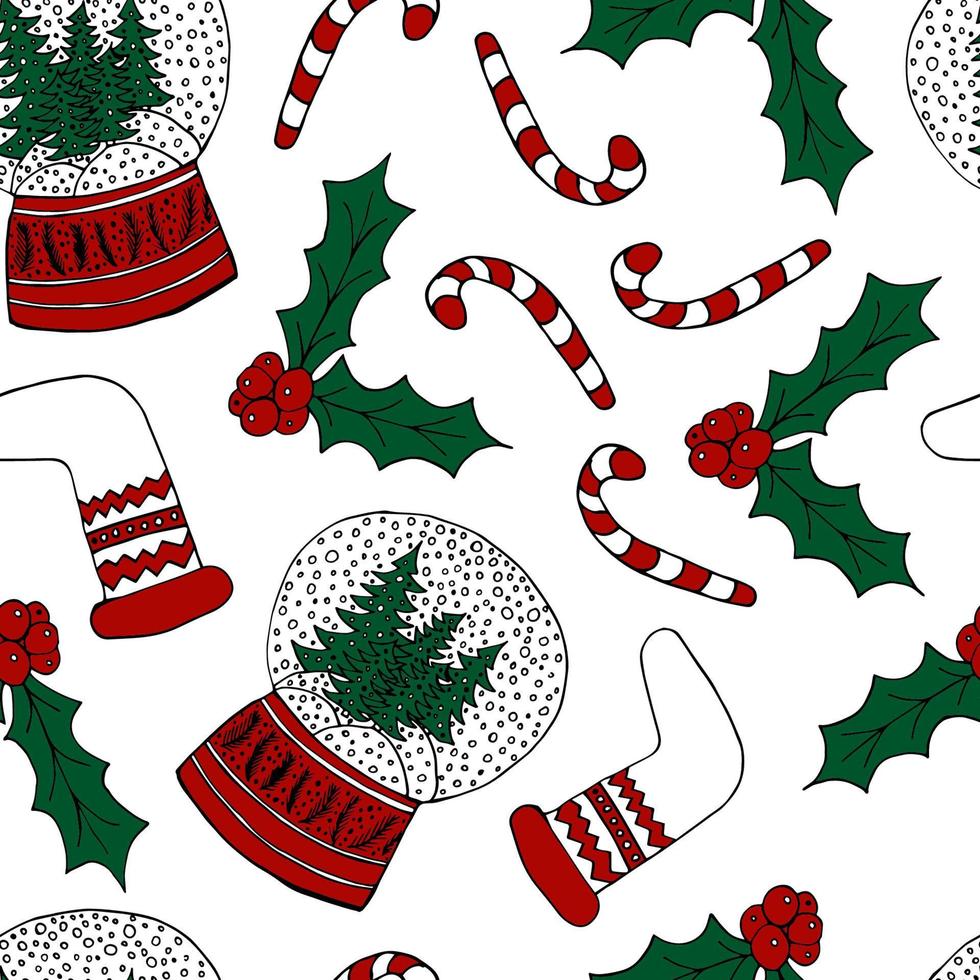 Schneeball, Zuckerstange, Weihnachtssocke, Mistel. nahtloses muster des weihnachtsvektors. Design für Geschenkpapier, Feiertagsdekor, Tapeten, Grußkarten, Textilien, Heimtextilien. vektor