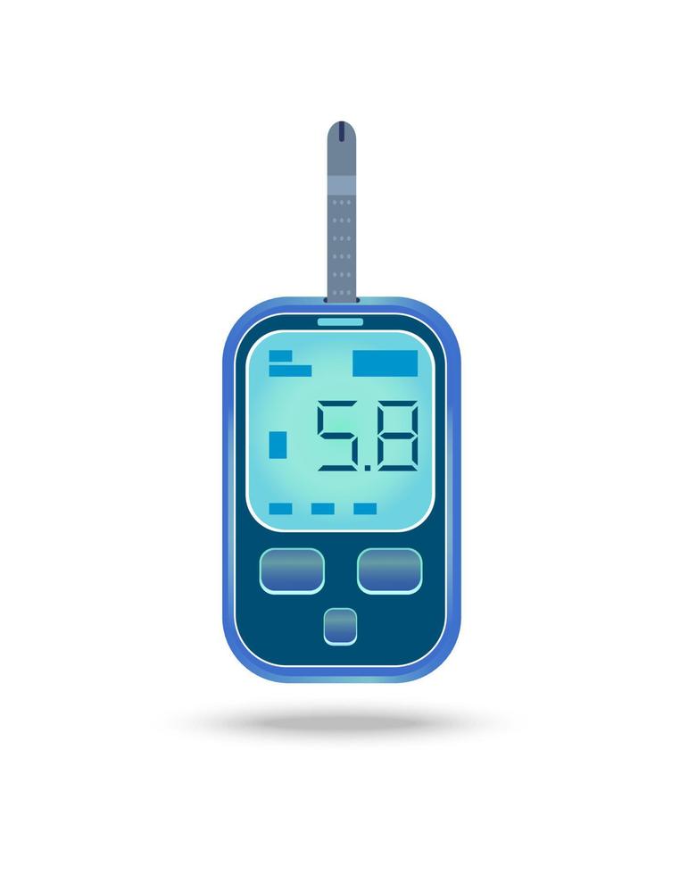 glukos meter med en testa remsa för analys. enhet för själv övervakning av glukos nivå i blod, som visar 5.8 resultat i de skärm. friska vana symbol. isolerat tecknad serie objekt för grafik vektor