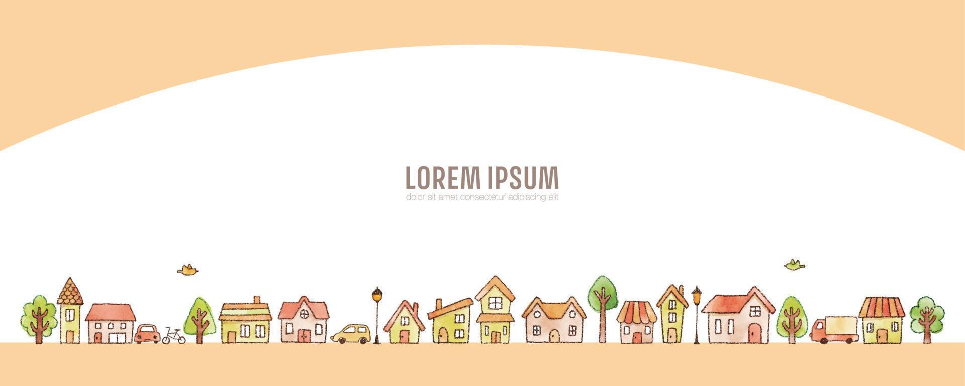 vattenfärg hand dragen hus och träd -orange. söt stadsbilden illustration för bakgrund vektor