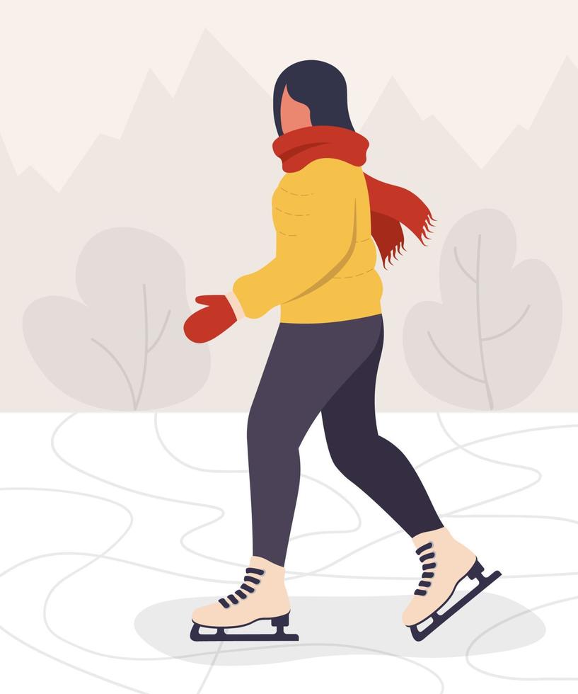 kvinna skridskoåkning på is vinter- mysigt porträtt vektor illustration i platt stil