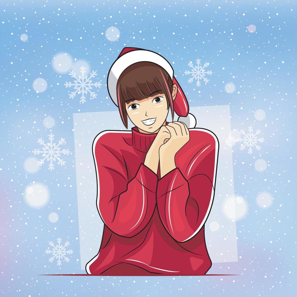 Weihnachts-Sankt-Mädchen. glückliches lächelndes junges Mädchen, das Händchen hält, Vektorillustration pro Download vektor
