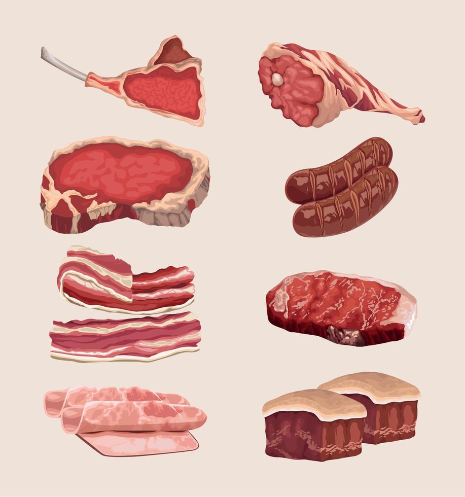 acht verschiedene Fleischstücke vektor