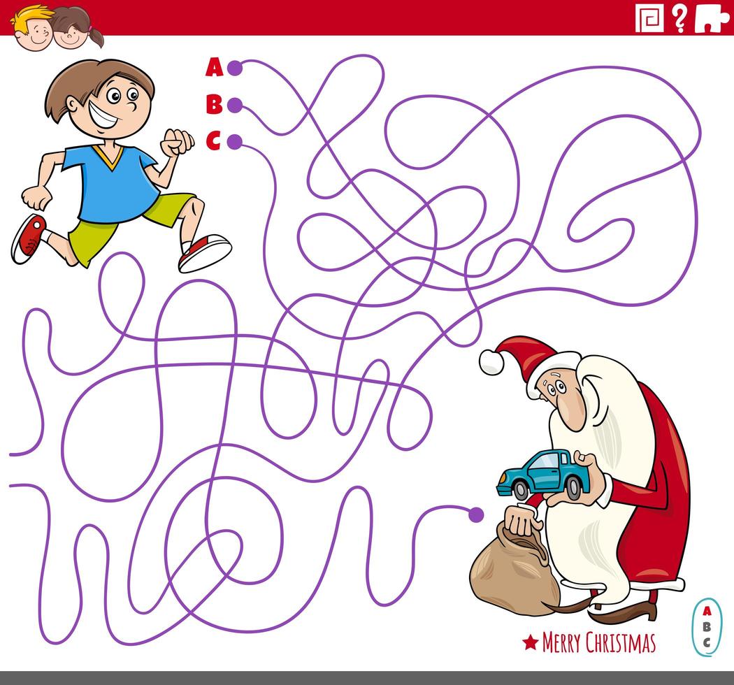 labyrint spel med tecknad jultomten och pojke vektor
