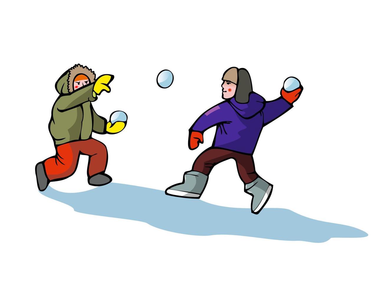 Kinder werfen Schneebälle. Schneeballschlacht. Jungen und Mädchen spielen im Winter draußen. Winteraktivität. vektor